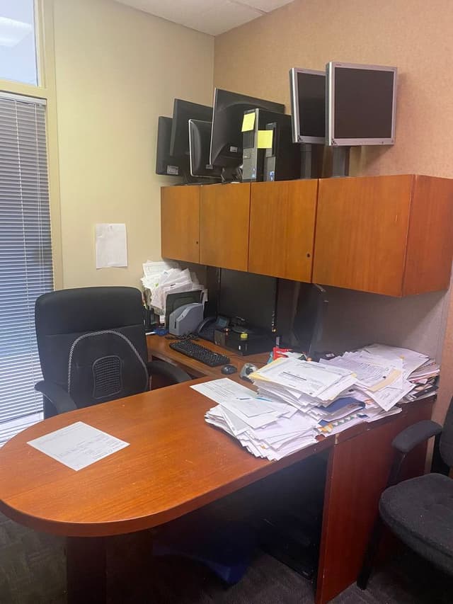 Wooden Executive Office Desk with Overhead Storage Cabinets