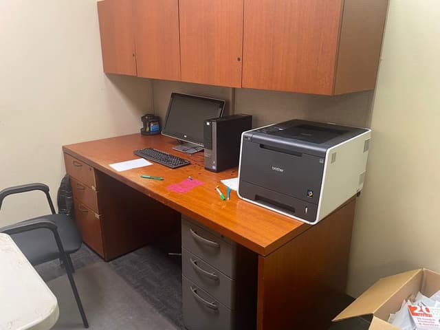 Office Desk with Computer, Monitor, Keyboard and Brother Printer